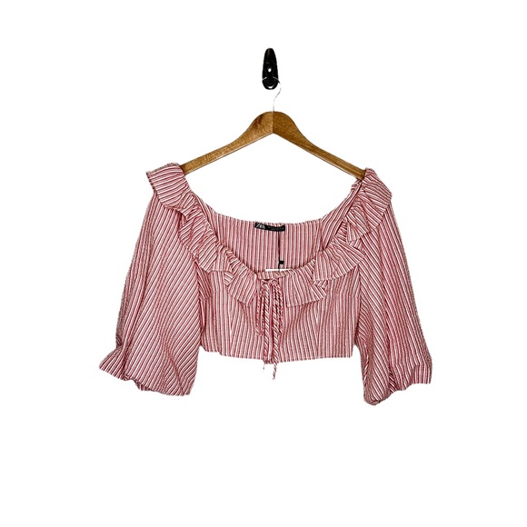 Zara Womens Striped With Ruffles Crop Top Red/White Large - Picture 4 of 7